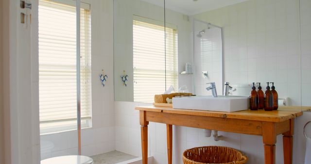 Modern Bathroom with Wooden Sink Console and Natural Light - Download Free Stock Images Pikwizard.com