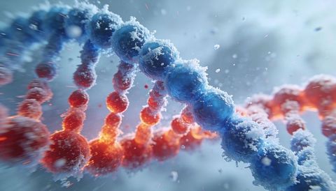 Frosted dna double helix with glowing red and blue nucleotides