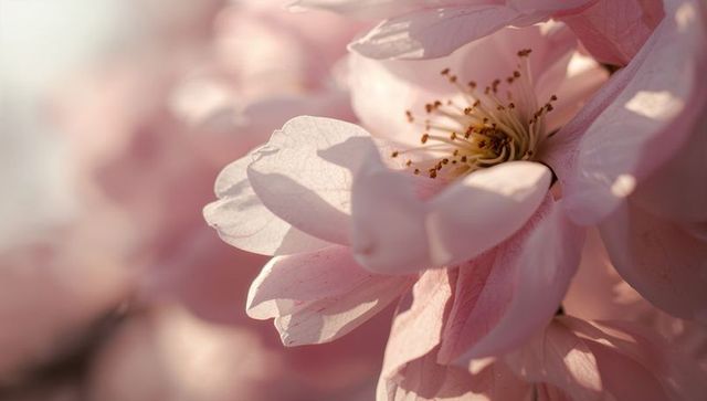 Soft Pink Blossom Macro with Backlit Stamens and Pastel Bokeh for Spring Floral Designs