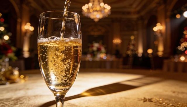 Pouring champagne flute in opulent ballroom with golden bokeh for luxury celebration gala
