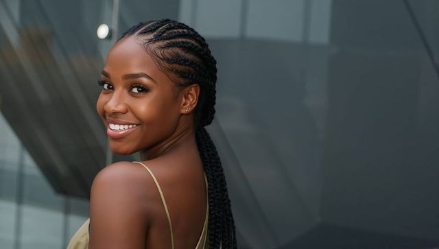 Confident Woman with Braided Hair Smiling at Modern Urban Setting