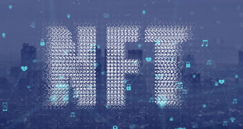 Digital NFT Concept Art with Technological Icons Background