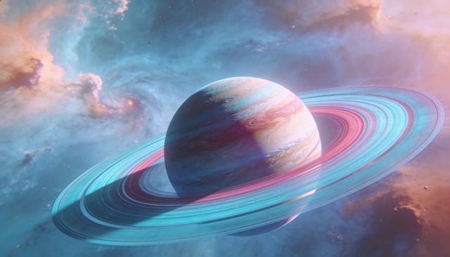 Iridescent ringed gas giant with pastel rings and nebular clouds, sci-fi space art