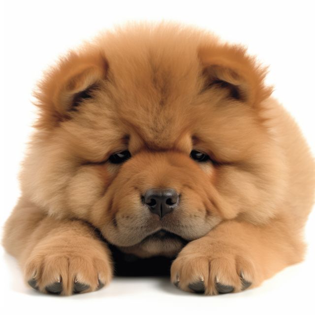 Portrait of cute chow chow puppy on white background, created using generative ai technology. Animal, puppy, pet and dog concept digitally generated image.