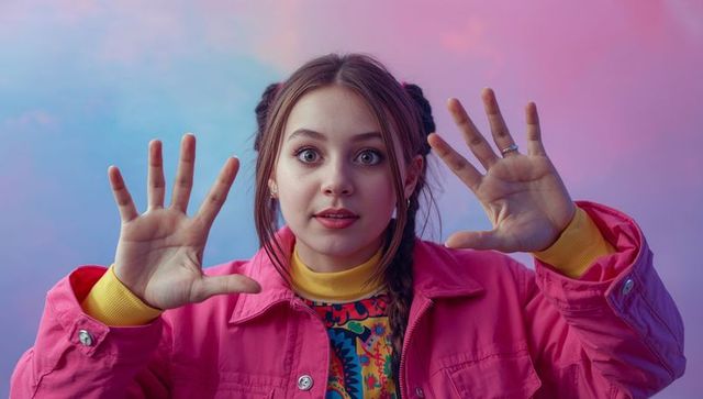Teen Girl with Vibrant Pink Jacket Raising Hands Against Pastel Background