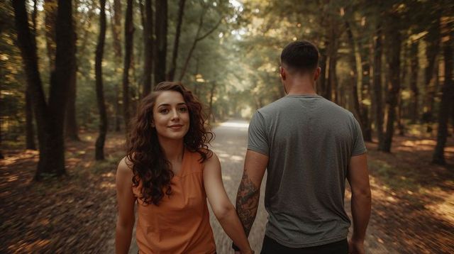 Couple walking hand in hand through sunlit forest trail during golden hour, romantic stroll