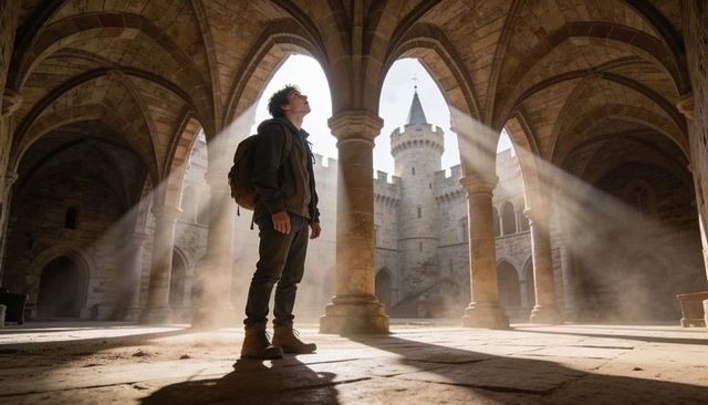 Young traveler exploring sunlit medieval cloister with backpack and castle towers