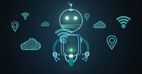 Futuristic robot with digital interface and connectivity icons