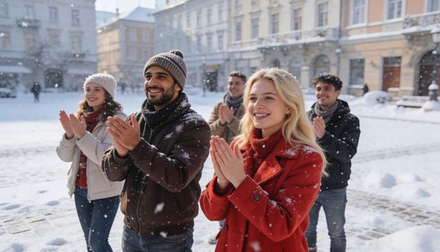 Young friends clapping and smiling in snowy historic european town square during winter