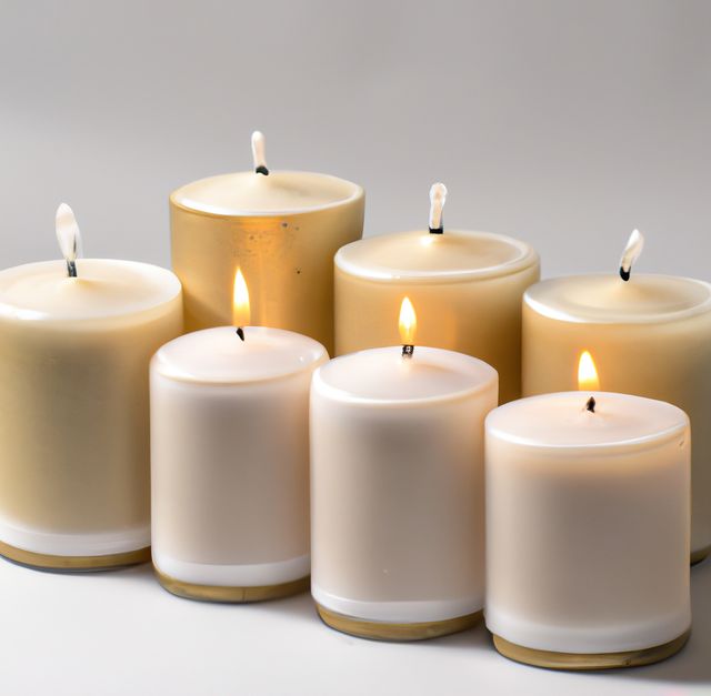 Close up of candles on grey background with copy space. Celebration, illumination, accessories and home decoration concept.