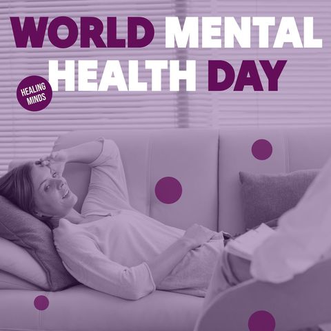 World mental health day concept with stressed woman on couch