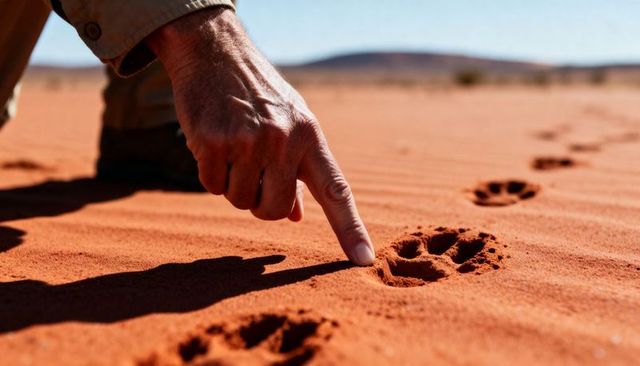 Pointing hand touching fresh paw print on red desert sand trail under bright sunlight