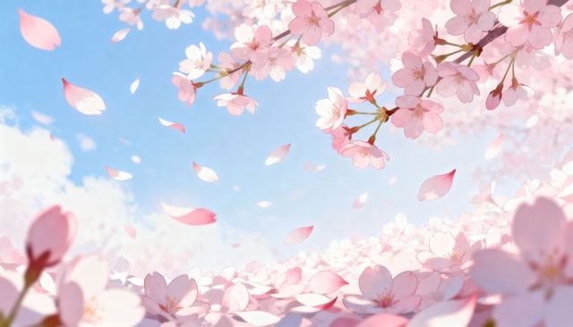Falling cherry blossom petals drifting across blue sky, spring sakura blooming landscape