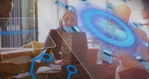 Female Leader Guiding Team While Interacting with Futuristic Holographic Data HUD