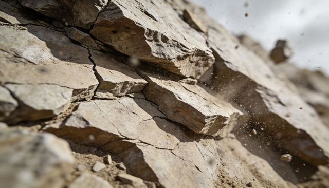 Cracking sedimentary rock slabs shedding dust and pebbles on steep arid cliff close-up