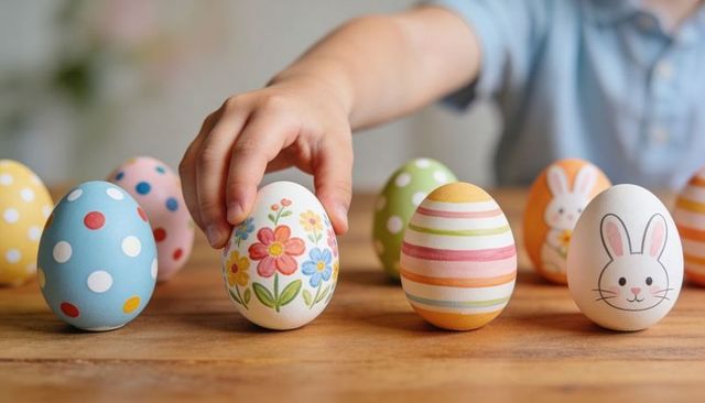 Child Hand Selecting Hand-Painted Floral Easter Egg on Wooden Table with Pastel Striped Eggs