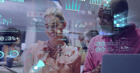Colleagues Collaborating with Augmented Reality Financial Dashboards on Tablet and Laptop