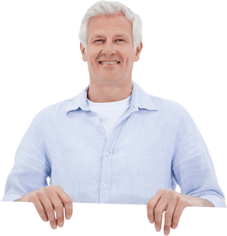 Smiling elderly man holding transparent blank card