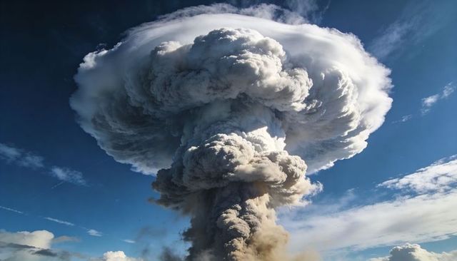Rising mushroom cloud towering over blue sky with anvil cap from volcanic eruption