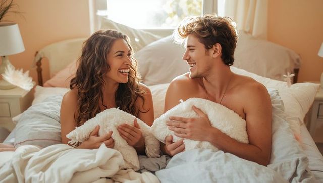 Romantic couple sharing laughter with fluffy pillows in cozy bedroom