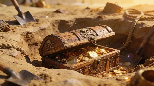 Glinting ornate pirate treasure chest spilling gold coins in sunlit sand pit