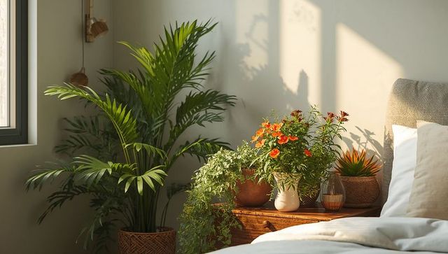 Cozy sunlit bedroom with lush indoor plants and white linens
