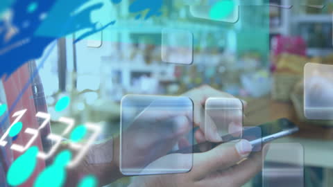 Man Operating Smartphone with Virtual Data Interface