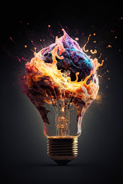 Image of lightbulb with colourful stains on black background, created using generative ai technology - Download Free Stock Photos Pikwizard.com