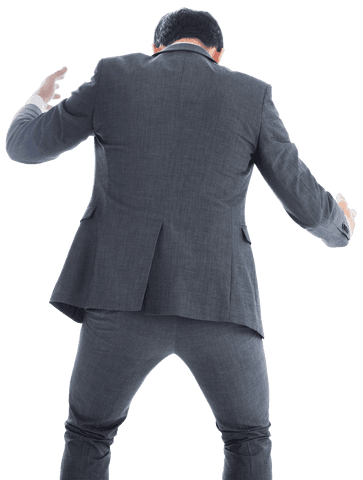 Businessman in gray suit enthusiastically gesturing on transparent background