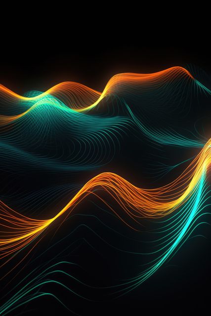 Abstract orange and blue wavy lines on black background, created using generative ai technology. Abstract, colour and shape concept digitally generated image.