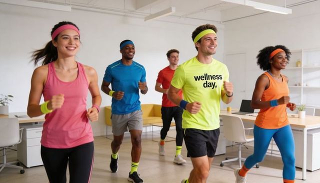 Office wellness run: diverse team jogging through open-plan workspace for team fitness