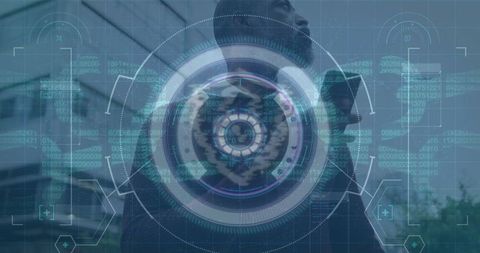 Businessman amidst futuristic digital network interface