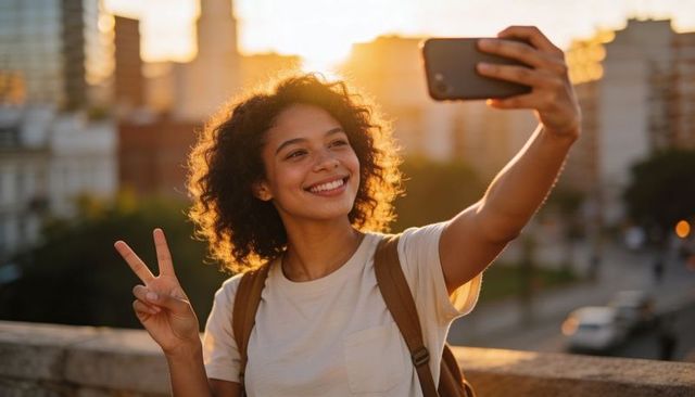 Young woman taking golden hour selfie on city bridge, backlit smiling and making peace sign