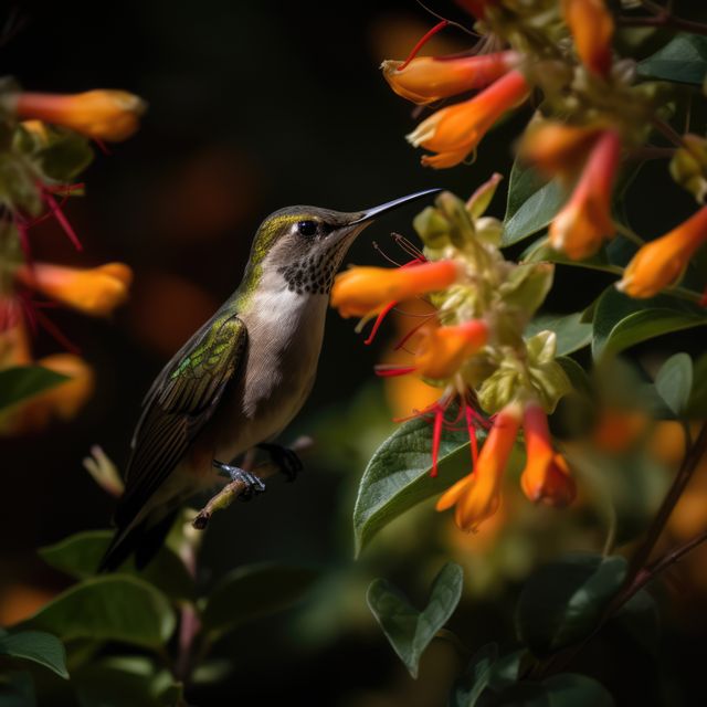 Hummingbird hovering by orange flower in nature, created using generative ai technology. Beauty in nature, wildlife, agility and feeding concept digitally generated image.