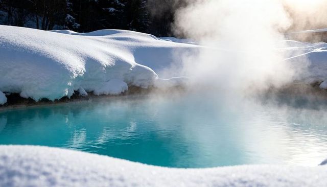 Steaming turquoise hot spring releasing rising steam among thick snowbanks and evergreen forest