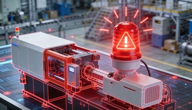 Industrial injection molding machine with holographic diagnostic overlay and red beacon