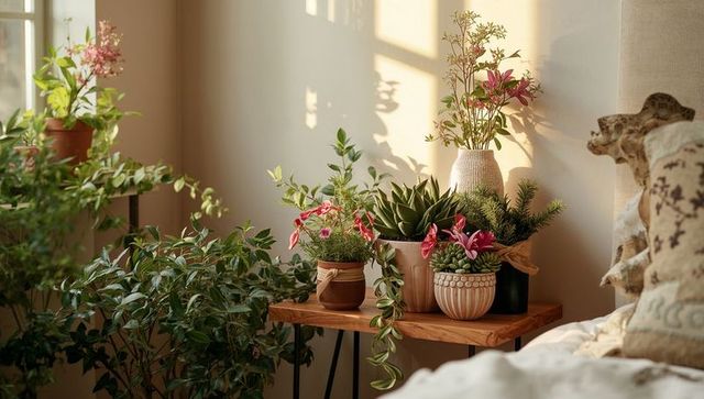 Cozy bedroom corner with potted plants and natural light