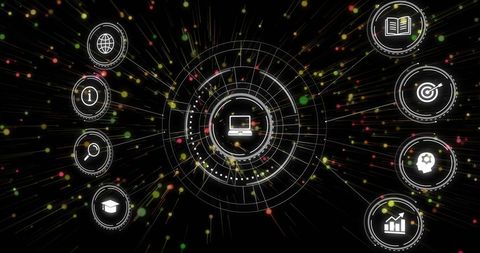 Illustrates a digital network concept with various data icons, showcasing the complexity of global connections in a virtual space. Perfect for technology presentations, educational content on digital transformation, or illustrating data-driven environments.