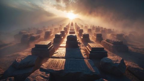 dramatic sunrise over ancient stone path with mystical ambience, ten commandments concept - Download Free Stock Images Pikwizard.com