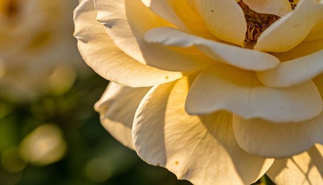 Glowing pale yellow rose revealing sunlit creamy petals and delicate stamen in bokeh macro