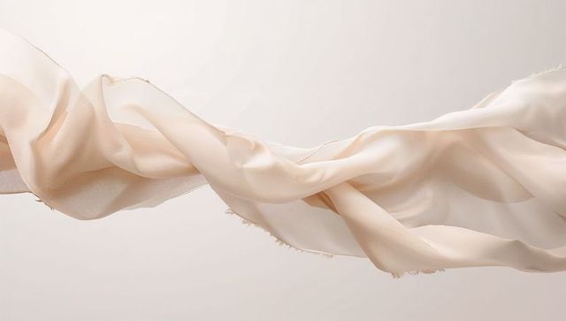 Cream chiffon fabric floating in air, sheer silk drapery with frayed hem and soft texture