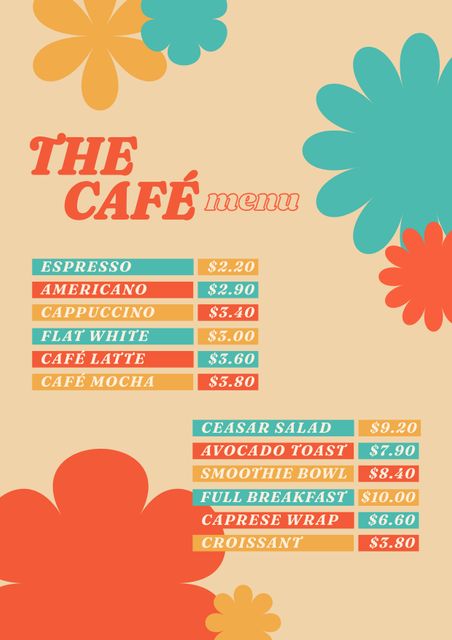 The vintage cafe menu design features colorful floral accents on a beige background, adding a charming and retro feel. It lists popular beverages like espresso, Americano, and cafe latte, as well as food items such as avocado toast, Caesar salad, and smoothie bowls. This menu is ideal for cafes aiming to create a nostalgic and cozy atmosphere. It can be used as a template for designing other menus or for promoting cafe offerings on social media and printed materials.