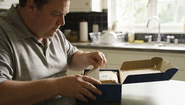Man unpacking delivery box at sunlit kitchen countertop peeling shipping label