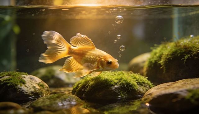 Golden goldfish gliding through planted aquarium with mossy stones and rising bubbles