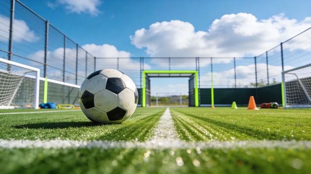Soccer ball resting on artificial turf with goals and training cones under blue sky