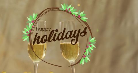 Festive champagne toast with happy holidays text art