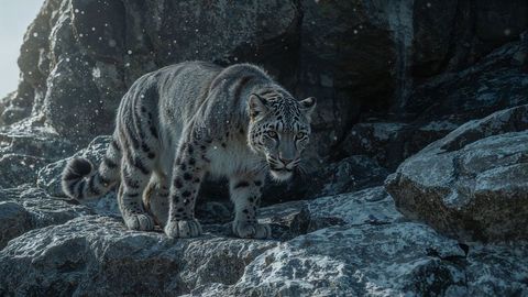 Snow leopard stealthily advancing on rocky terrain
