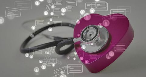 Stethoscope with heart shape and digital interaction icons