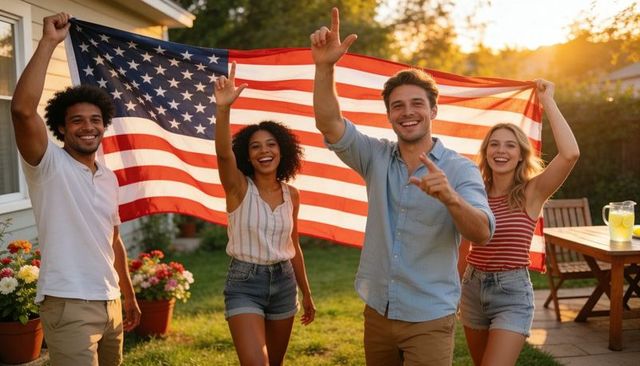 Multiracial friends celebrating independence day waving american flag in sunlit backyard