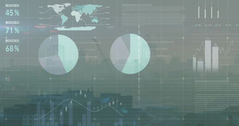 Hazy City Skyline Showing Interactive Data Dashboard with Pie Charts and Graph Analytics